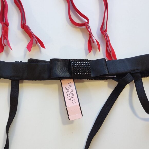 Victoria Secret Very Sexy Red Satin-Black Rhinestone Bow Garter Belts XS/S  2 Pc - Picture 5 of 8